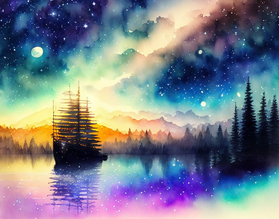 Colorful watercolor painting of tall ship on calm waters under starry sky with aurora and tree