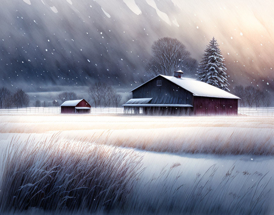 Snow-covered winter farmstead at dusk with falling snowflakes