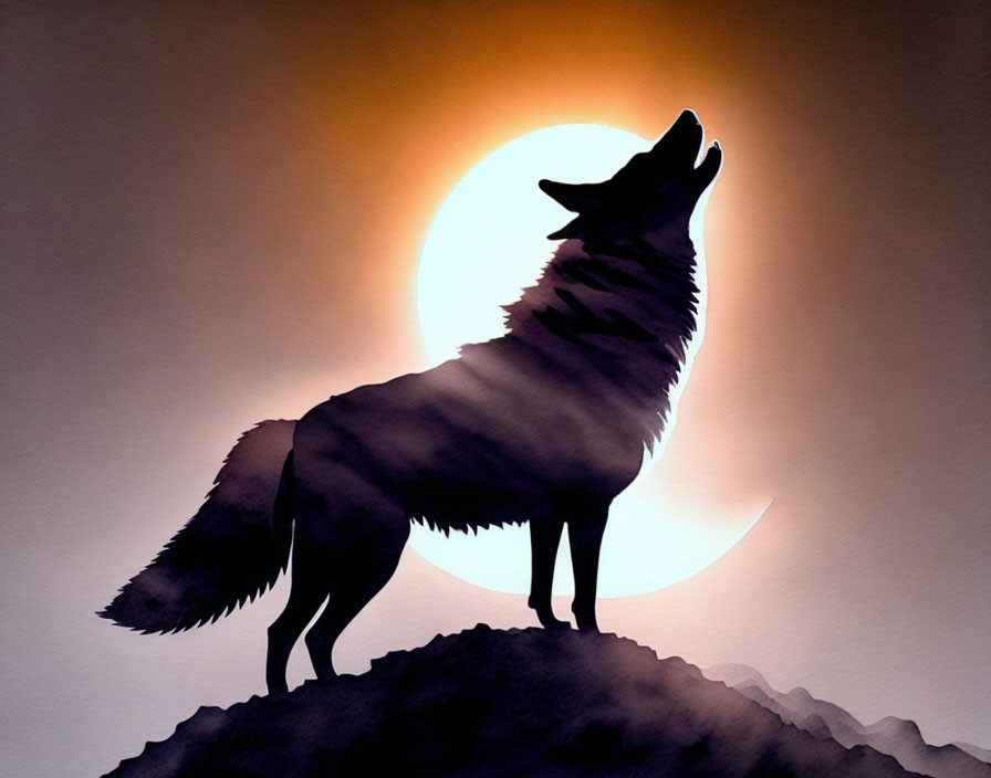 Silhouetted wolf howling on rugged peak at sunset or moonrise