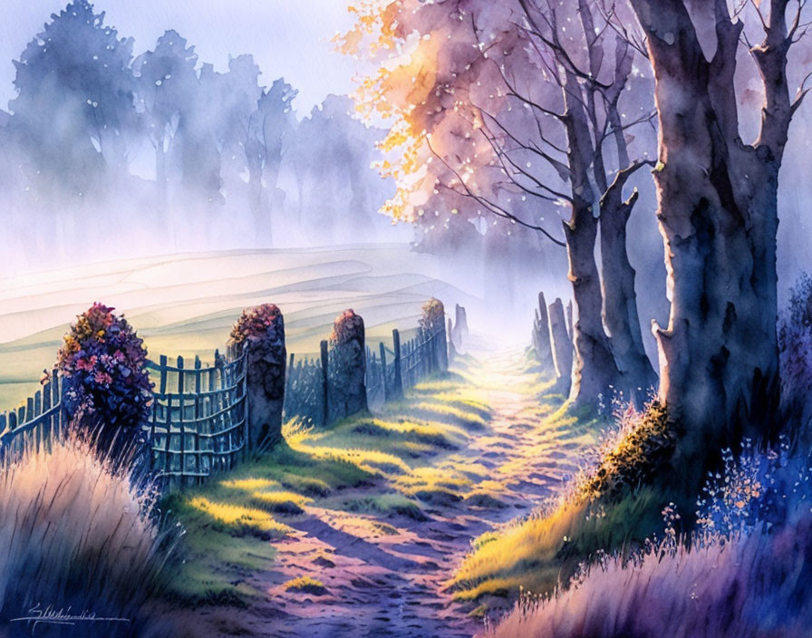 Tranquil watercolor landscape of tree-lined pathway at sunrise or sunset