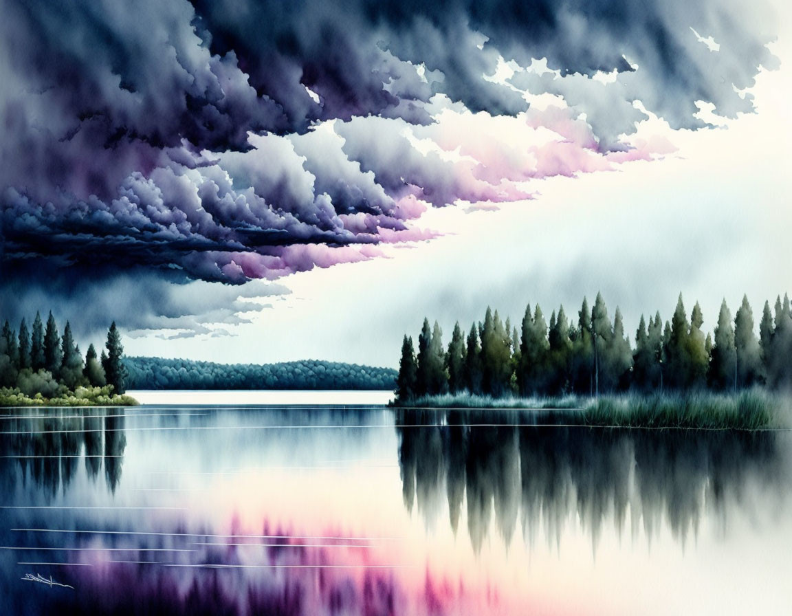 Tranquil watercolor landscape of calm lake, trees, and dramatic sky