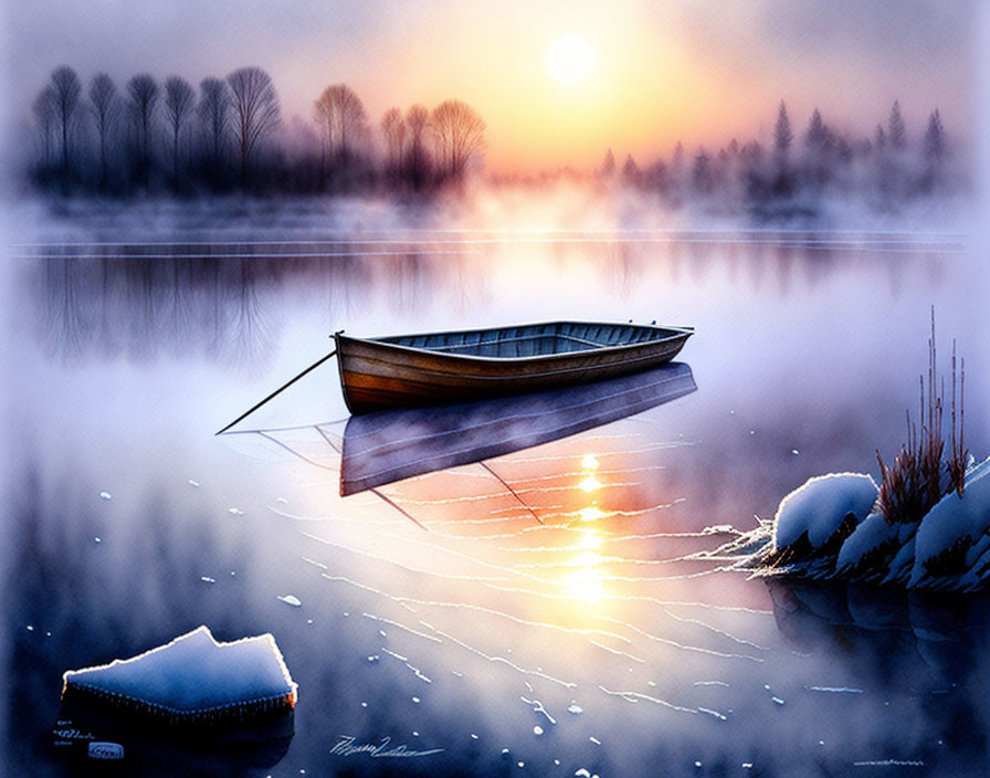 Tranquil winter lake with boat, snow, trees, and sunrise