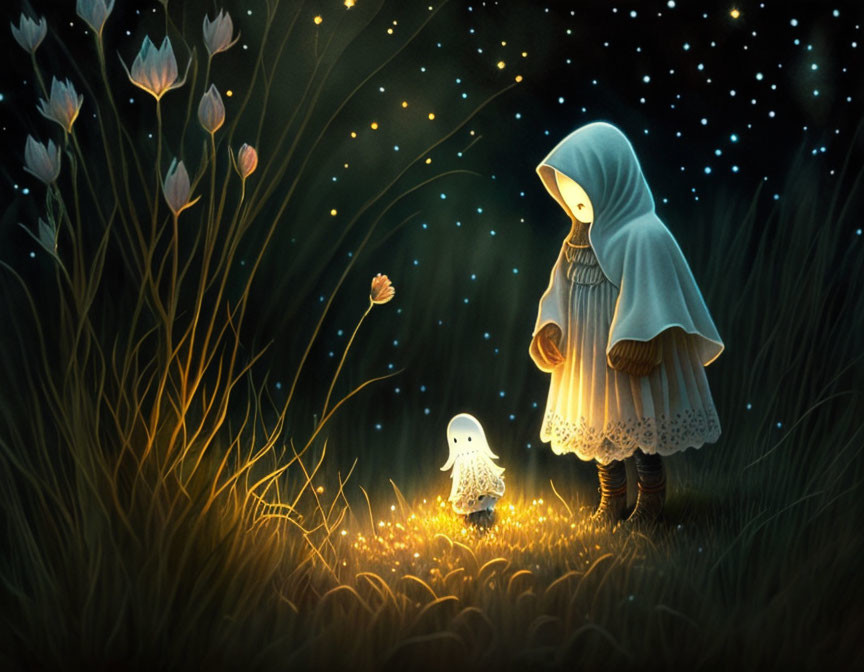 Child in hooded cloak meets glowing creature in starlit field