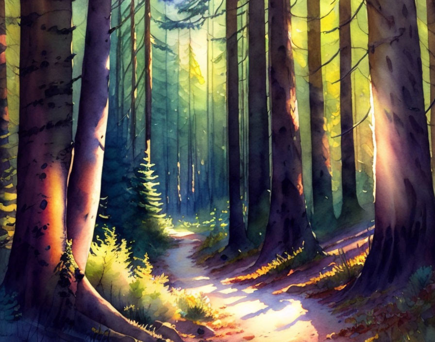 Sunlit forest path watercolor painting with tall trees and dappled light.