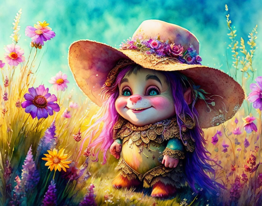 Whimsical creature with wide smile and flower hat in vibrant wildflower scene