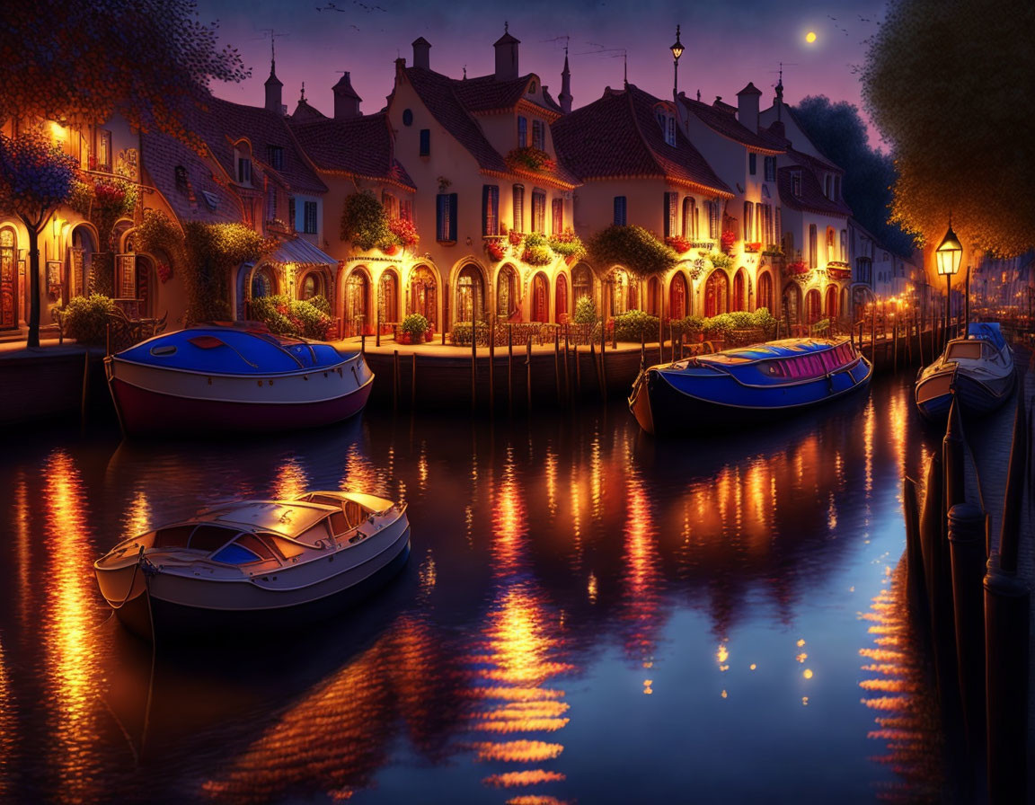 Tranquil evening scene: canal, moored boats, quaint houses, street lamps, twilight sky