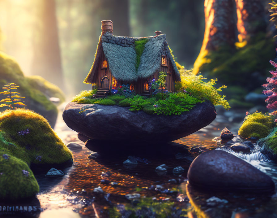 Miniature cottage on rock in serene stream with lush greenery and mystical light.