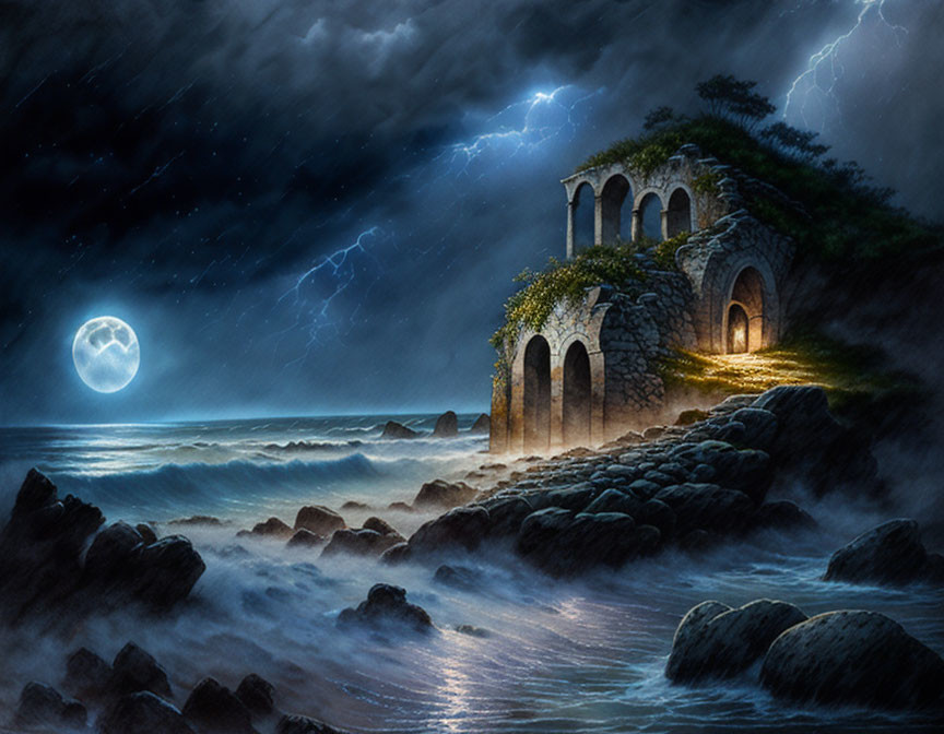 Moonlit Stormy Night: Lightning over Old Stone House by Sea