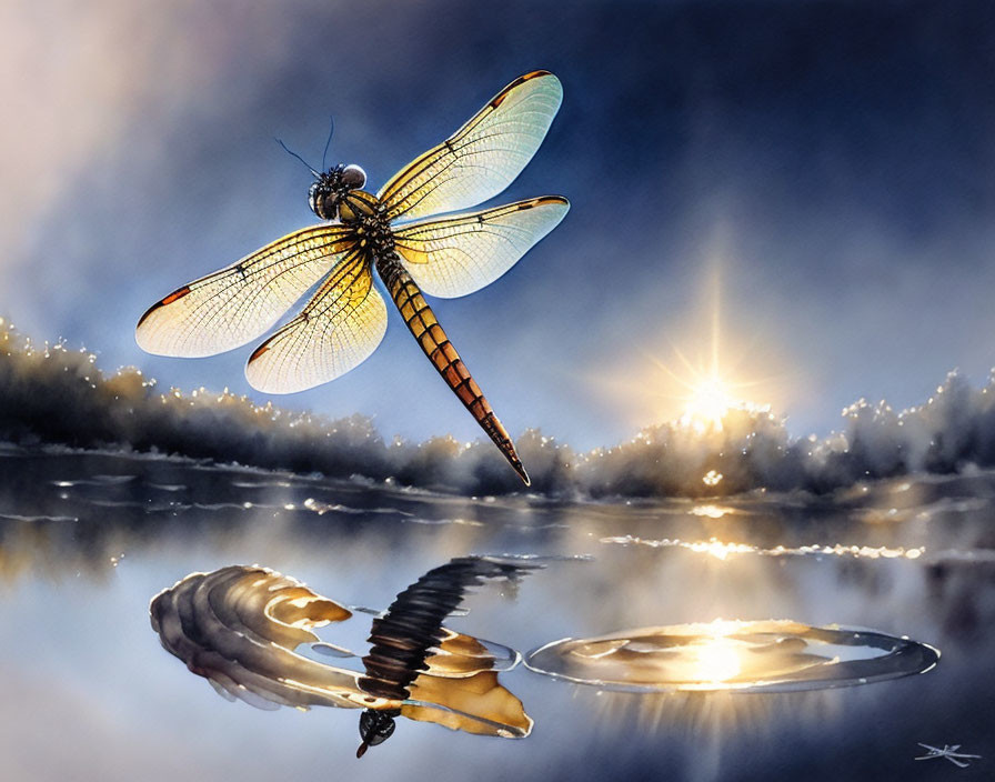 Dragonfly hovering over reflective water at sunset