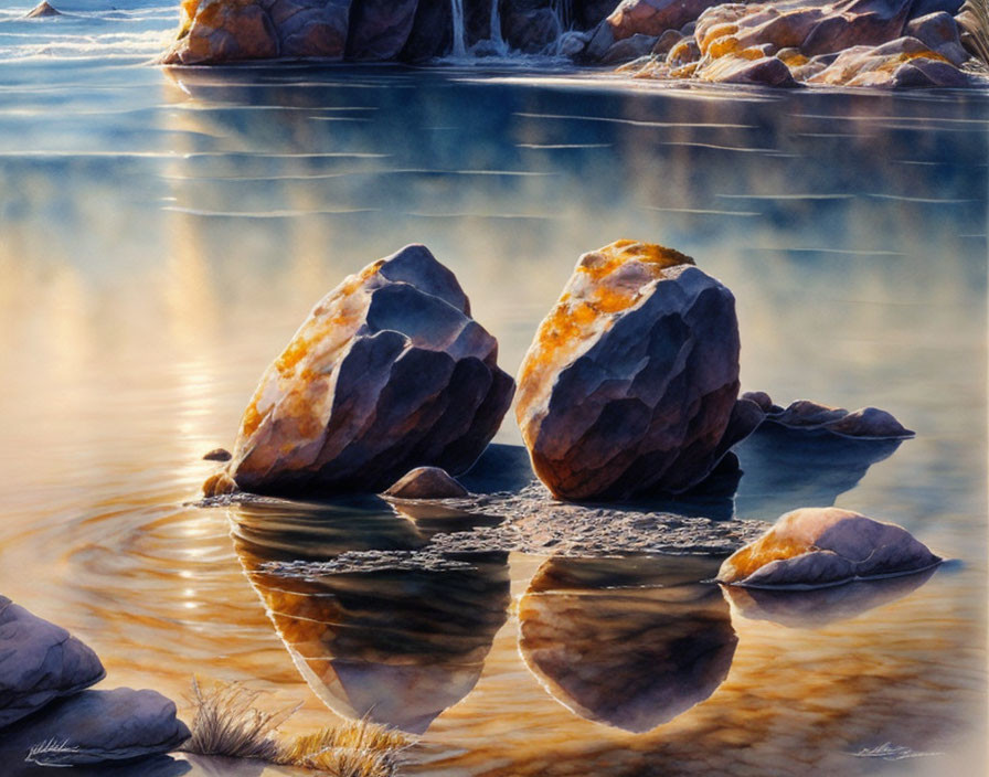 Tranquil Water Scene with Smooth Stones and Reflections