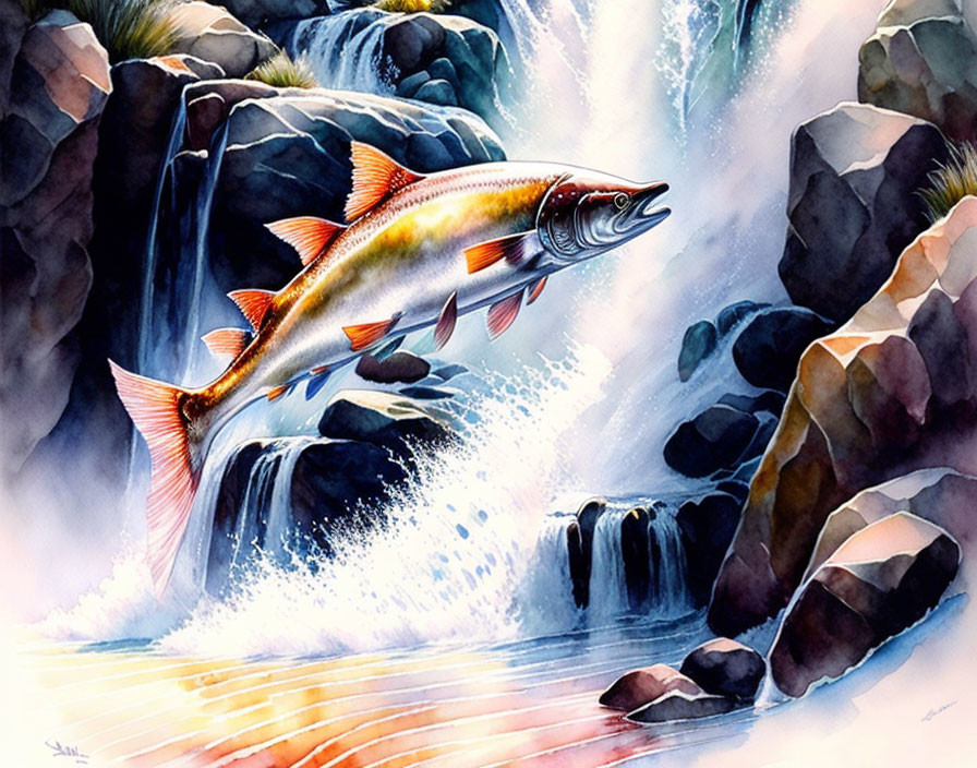 Colorful watercolor painting of salmon leaping at waterfall