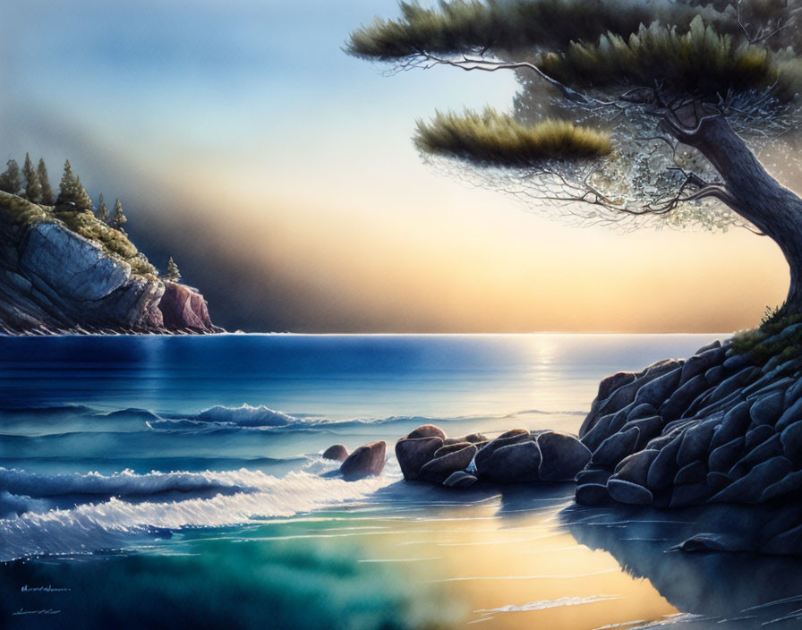 Tranquil twilight seascape with windswept tree and rocky shores