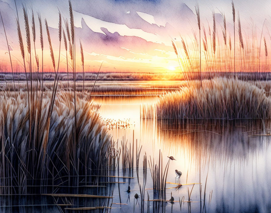 Tranquil watercolor painting of serene sunset over calm lake