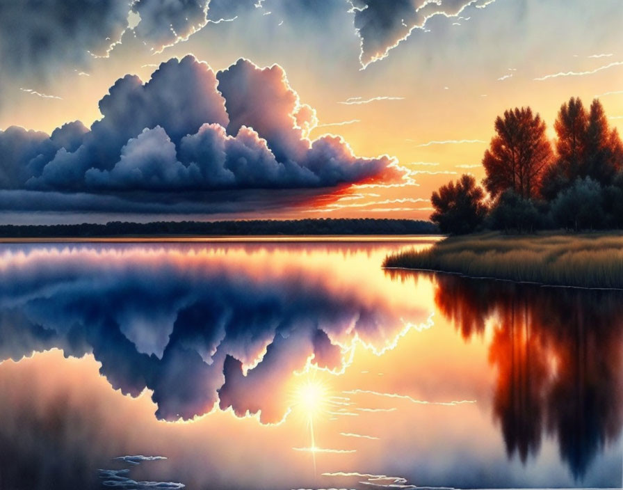 Scenic sunset with cloud reflections on calm water and silhouetted trees.