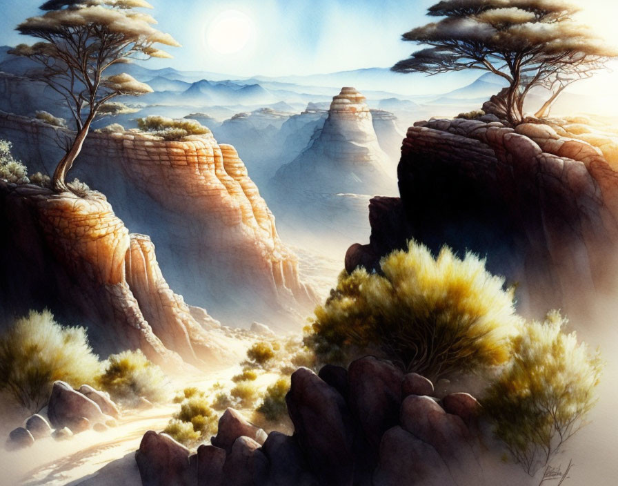 Desert landscape with towering canyons and hazy sky