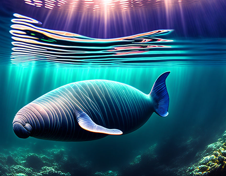 Blue whale swimming in serene underwater scene