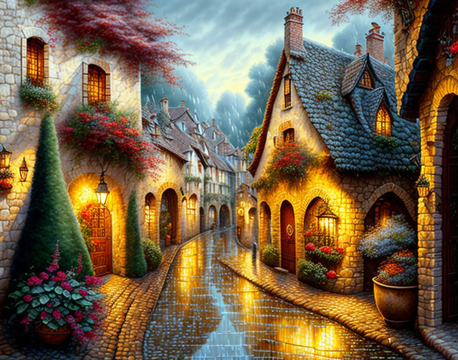 Charming cobblestone street at dusk with vintage houses and colorful flowers