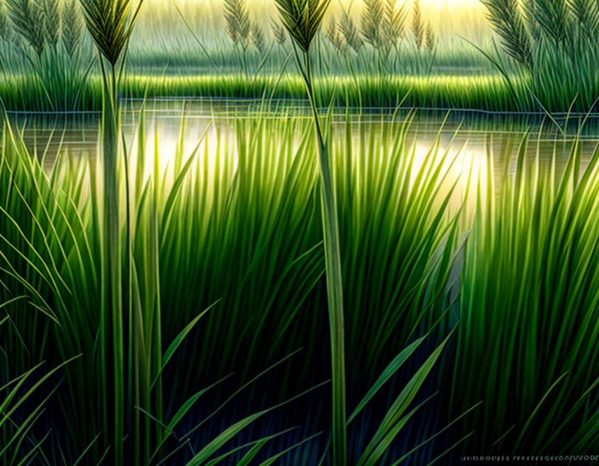 Tranquil lake scene: sunrise or sunset with vibrant green reeds