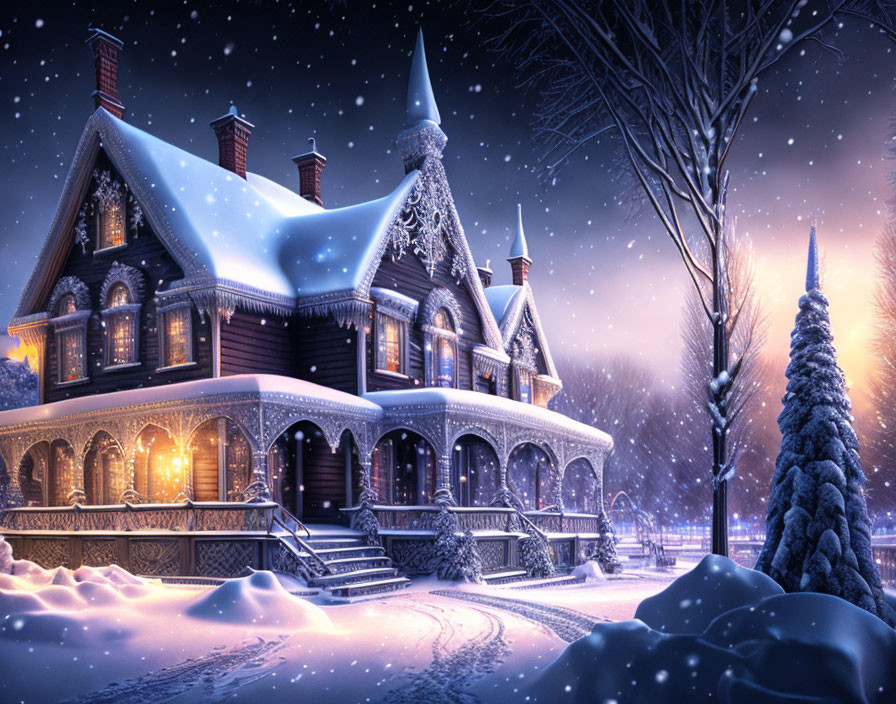 Victorian-style House with Christmas Lights in Snowy Landscape