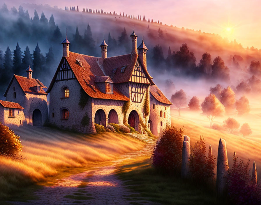 Thatched roof fairy-tale cottage in vibrant sunrise landscape