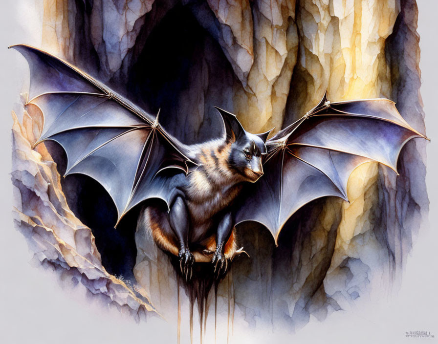 Detailed Illustration: Bat in Flight with Outstretched Wings Against Rocky Cliffs