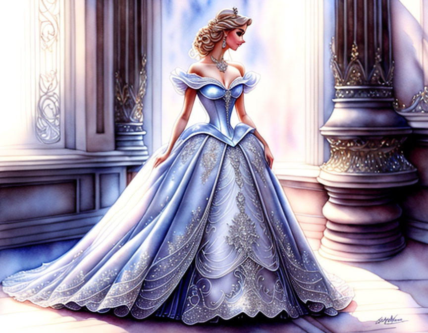 Illustrated woman in blue ball gown on marble staircase with column and window