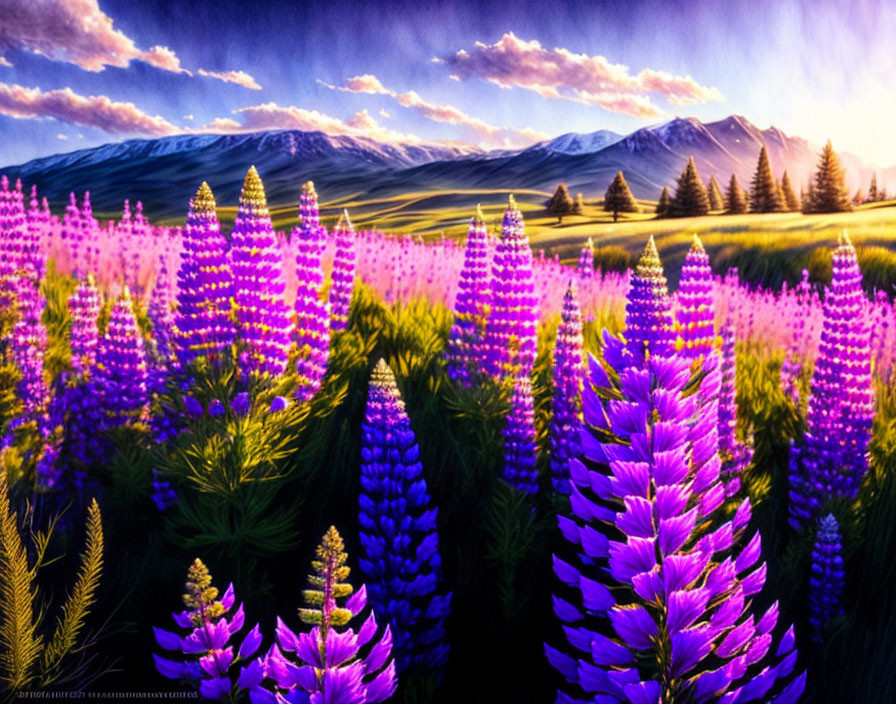 Purple lupine flowers in a sunny mountain landscape