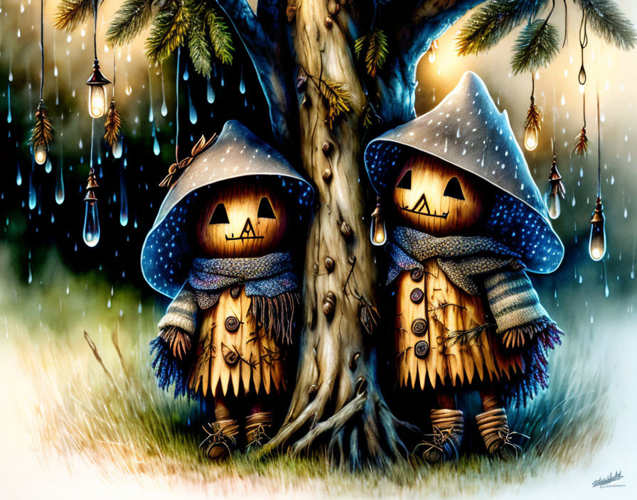 Whimsical pumpkin characters in cozy hats and scarves under Christmas tree