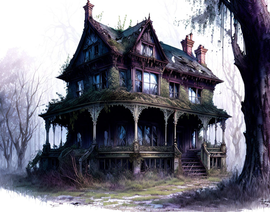 Victorian-style haunted house in misty, desolate landscape