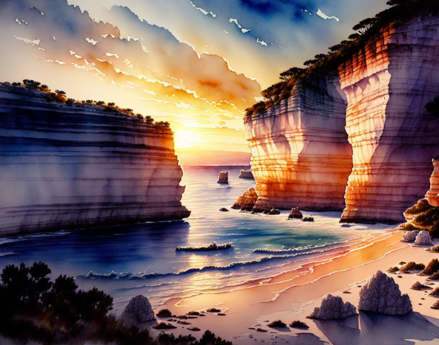 Coastal sunset watercolor painting with cliffs and serene waters