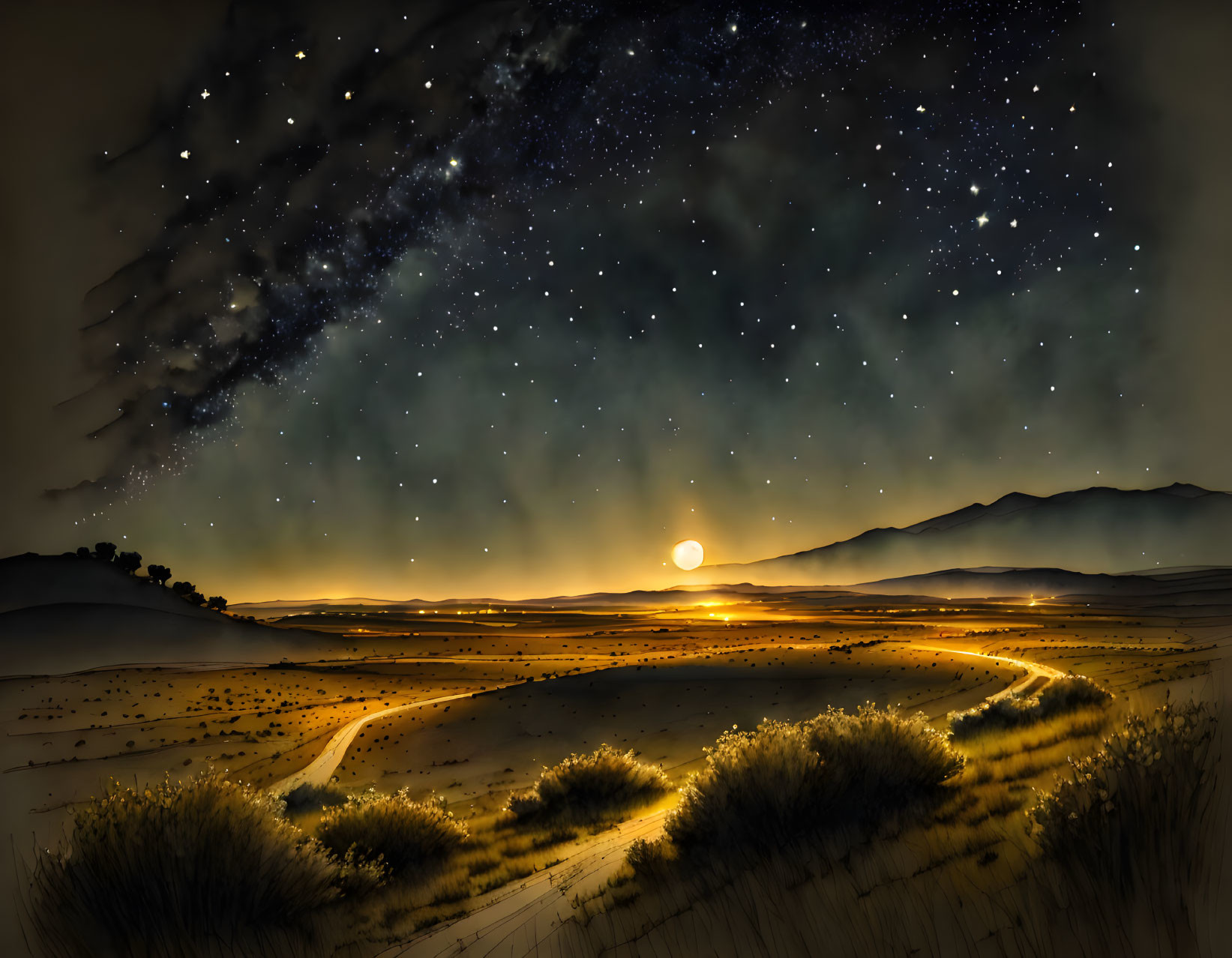 Starry Night Desert Landscape with Moonrise and Mountains