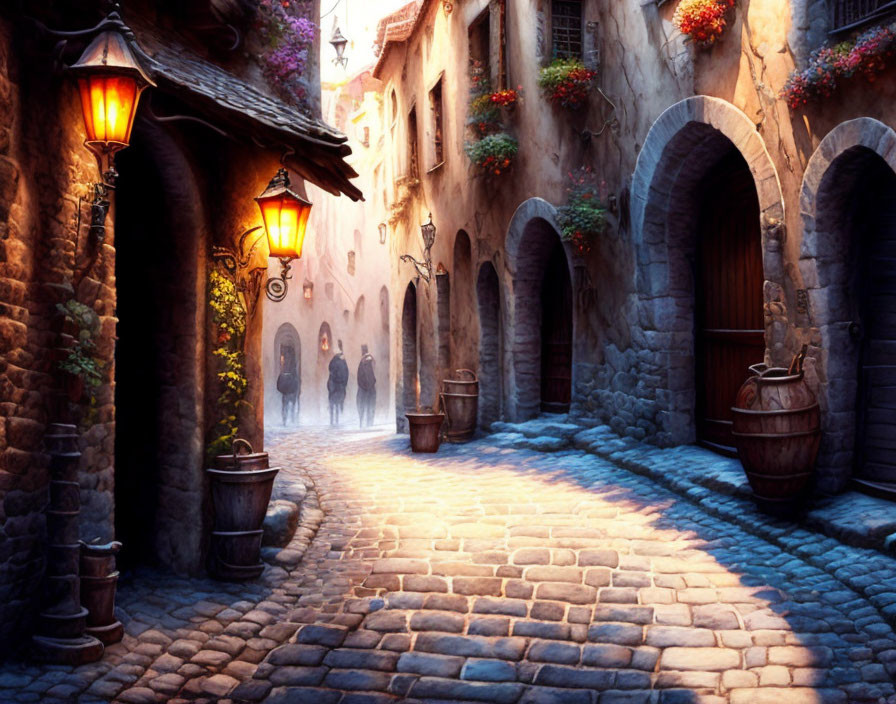 Old-world village cobblestone street at dusk with warm lanterns and silhouettes.