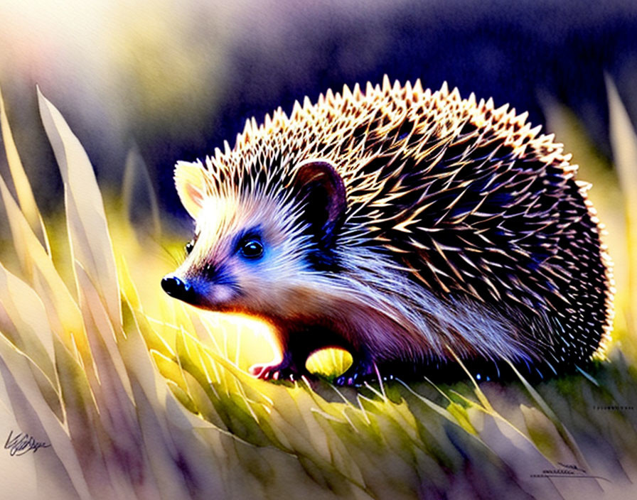 Spiky hedgehog basking in sunlight on grassy field