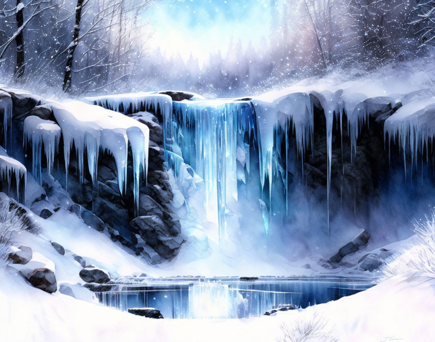 Snowy winter landscape with icy waterfall and bare trees