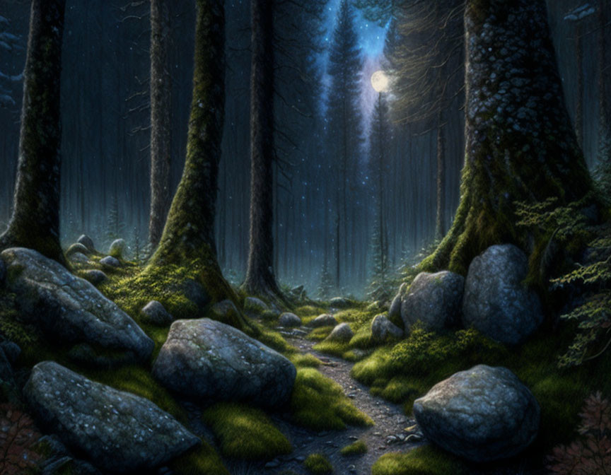 Moonlit forest with tall trees, mossy ground, rocks, and light beams