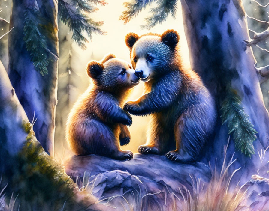 Bear cubs embracing in sunlit forest with gentle touch among tall trees