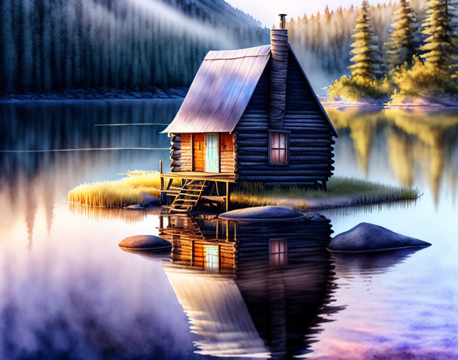 Tranquil lakeside scene with wooden cabin and misty forest landscape