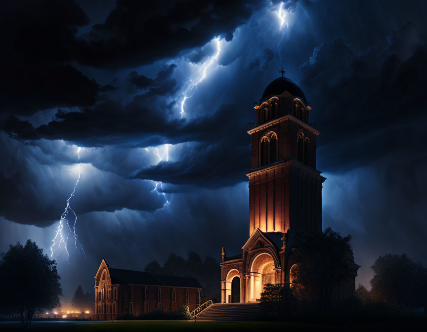 Stormy Sky Illuminates Church with Lightning and Dark Trees