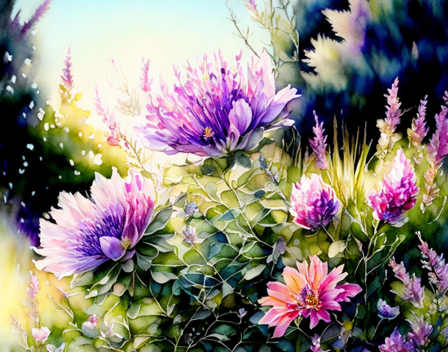 Lush Purple Flowers in Vibrant Watercolor