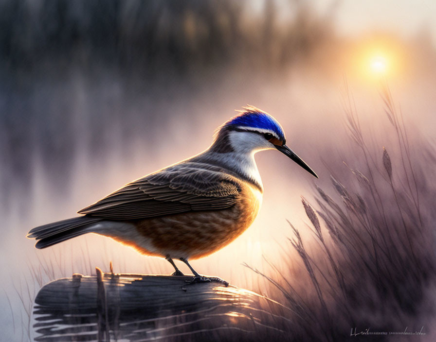 Bird perched on wooden post at sunrise with misty background.