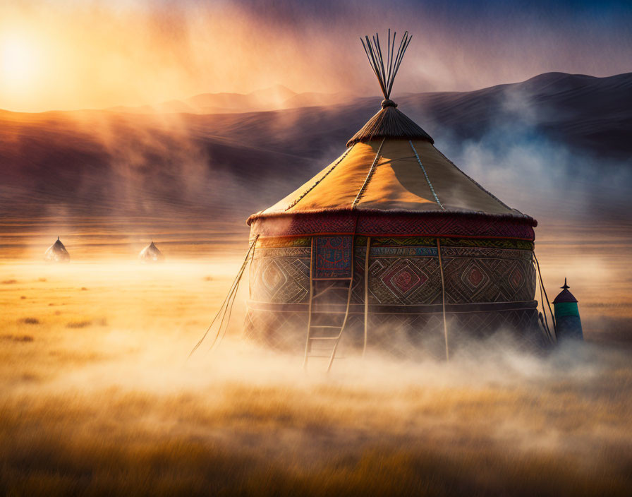 Traditional Yurt in Misty Field at Sunrise with Rolling Hills