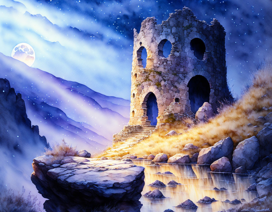 Stone tower ruins on hill with stairway under starry sky, full moon, misty mountains,