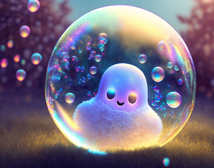 Ghost-like character in bubble among smaller bubbles in twilight garden