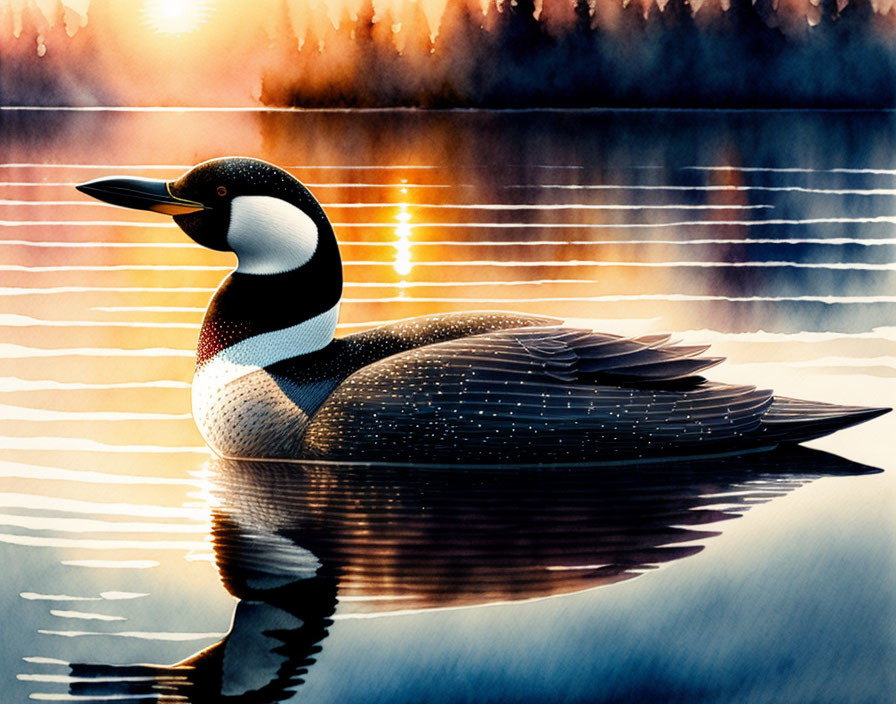 Serene sunset scene: loon on mirrored lake with warm hues.