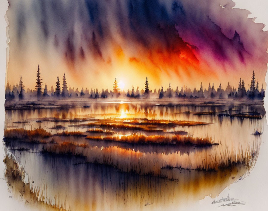 Vibrant sunset watercolor landscape with red and purple hues over tranquil lake