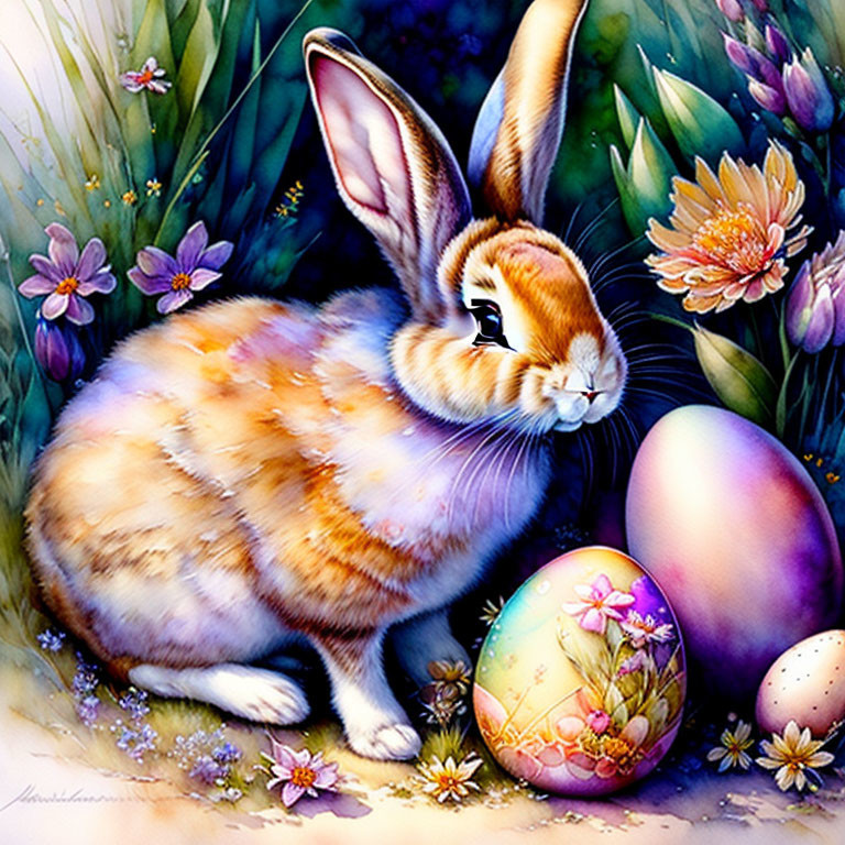 Vibrant Easter-themed rabbit with eggs and flowers illustration