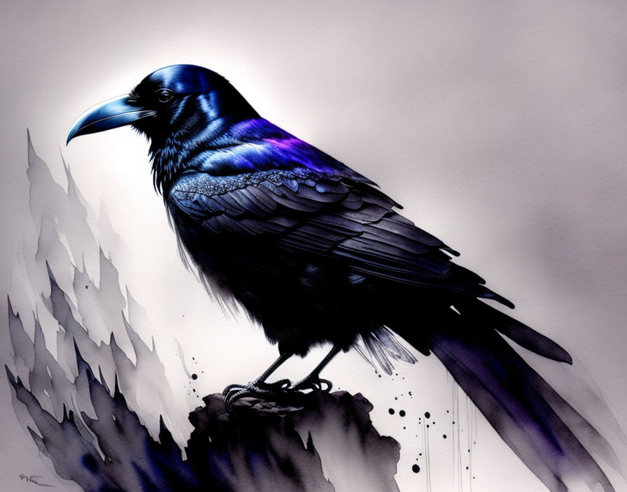 Vibrant raven on branch with blue and purple hues against grey abstract backdrop