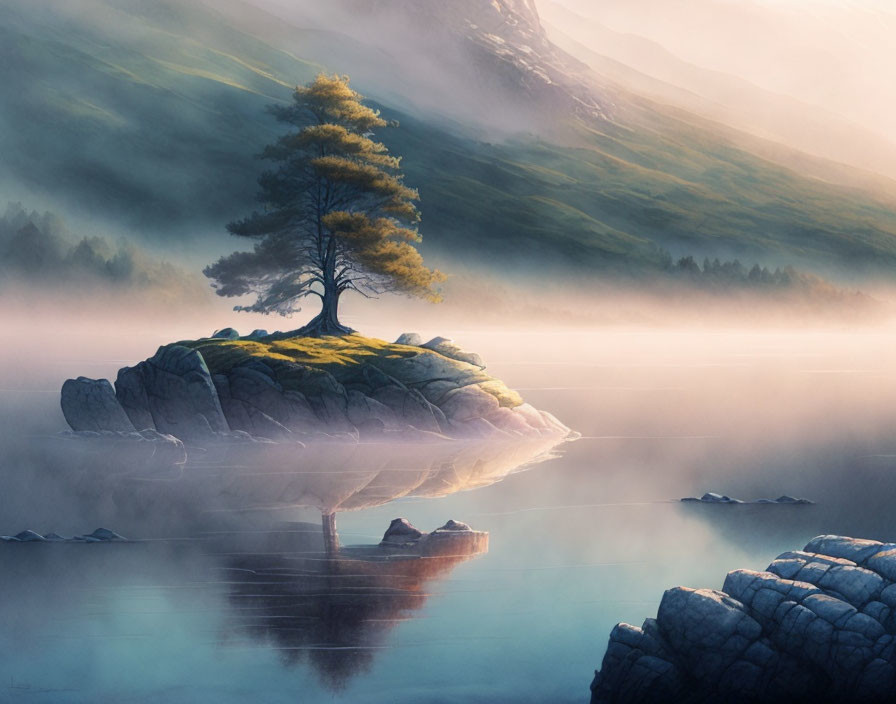 Solitary tree on mist-covered island in foggy landscape