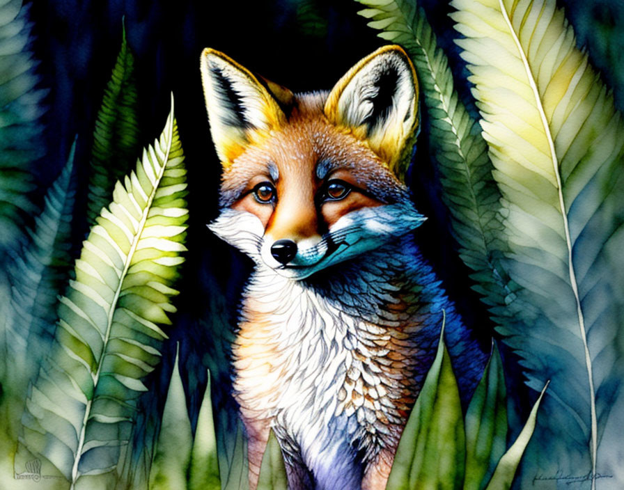 Fox Watercolor Illustration with Bright Eyes in Green Foliage