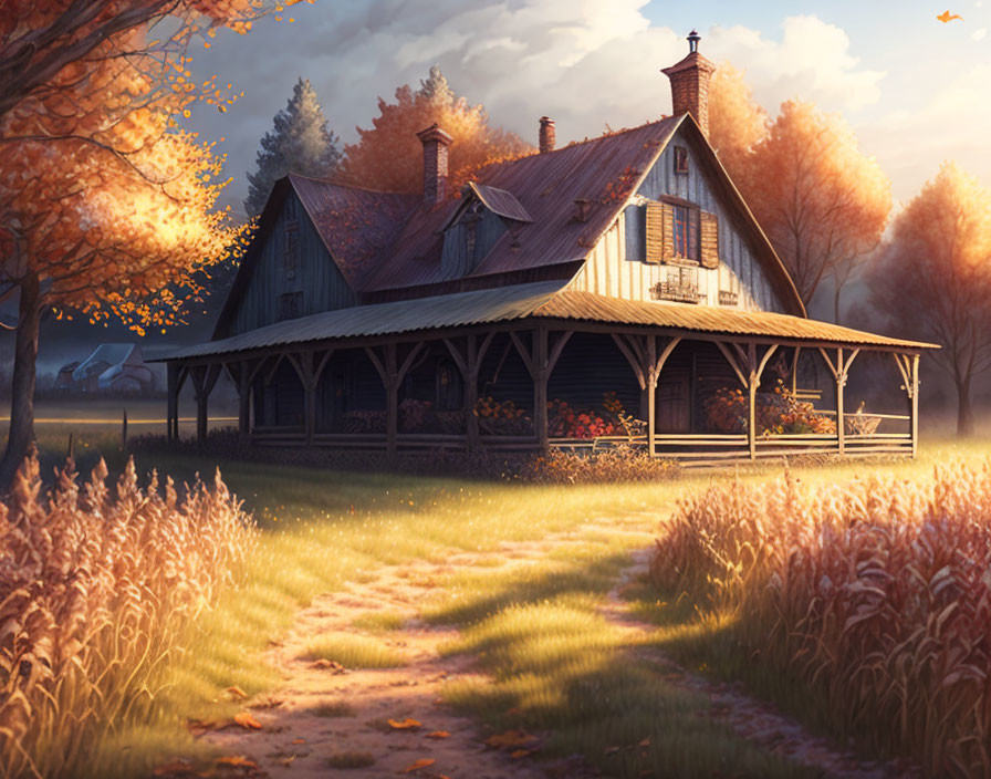 Rustic cottage surrounded by warm autumn trees and golden field